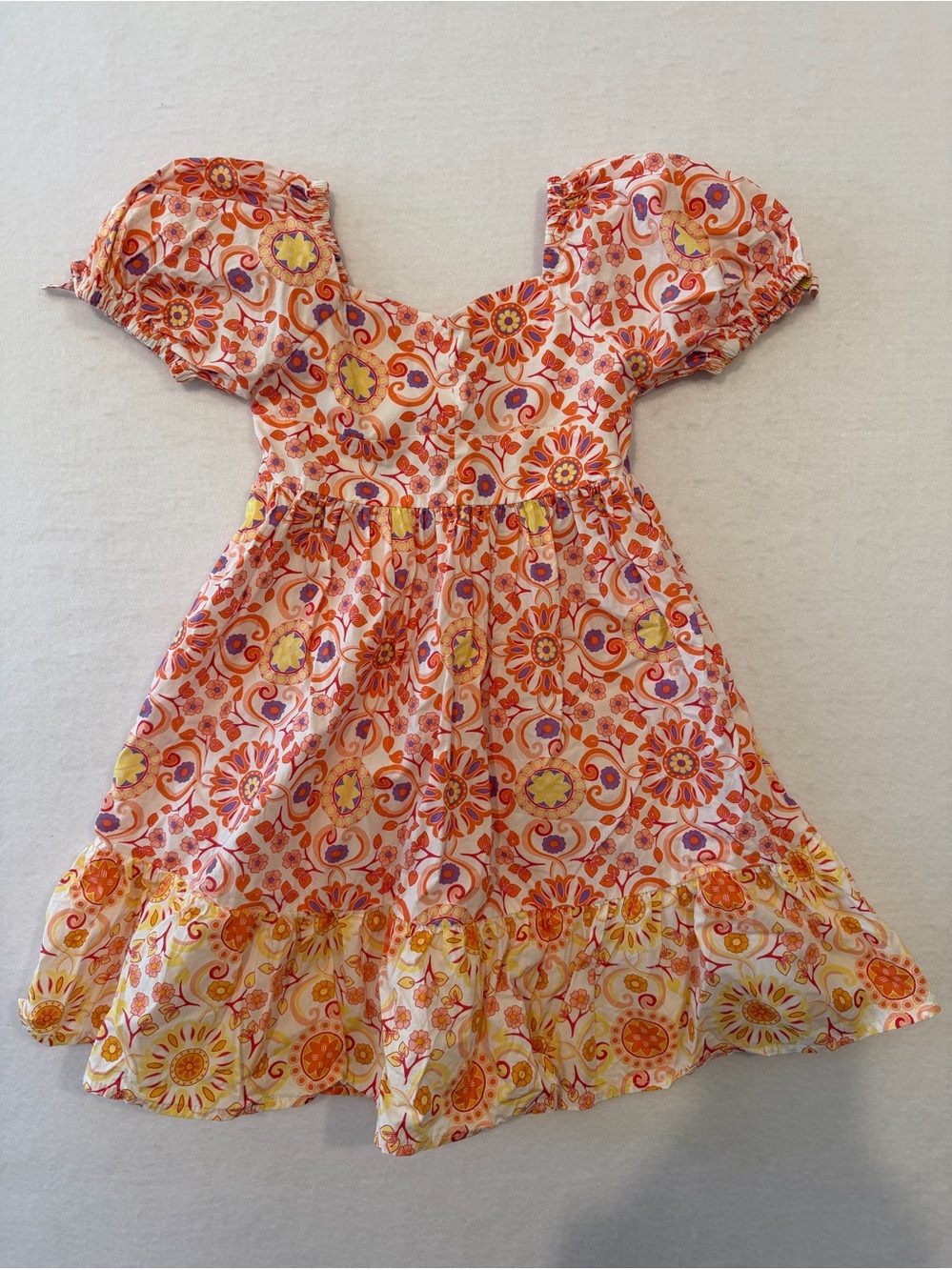 Truce Girls S 7-8 Floral Smocked Puff Sleeve Square Neck Ruffle Hem Dress